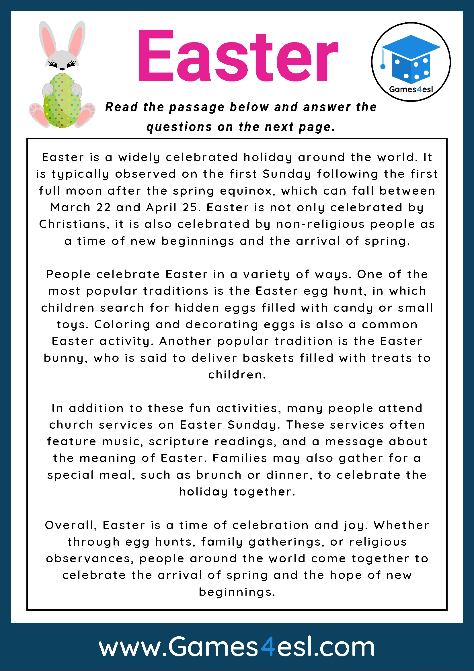 Easter Reading Comprehension Worksheet Games4esl Worksheets Library