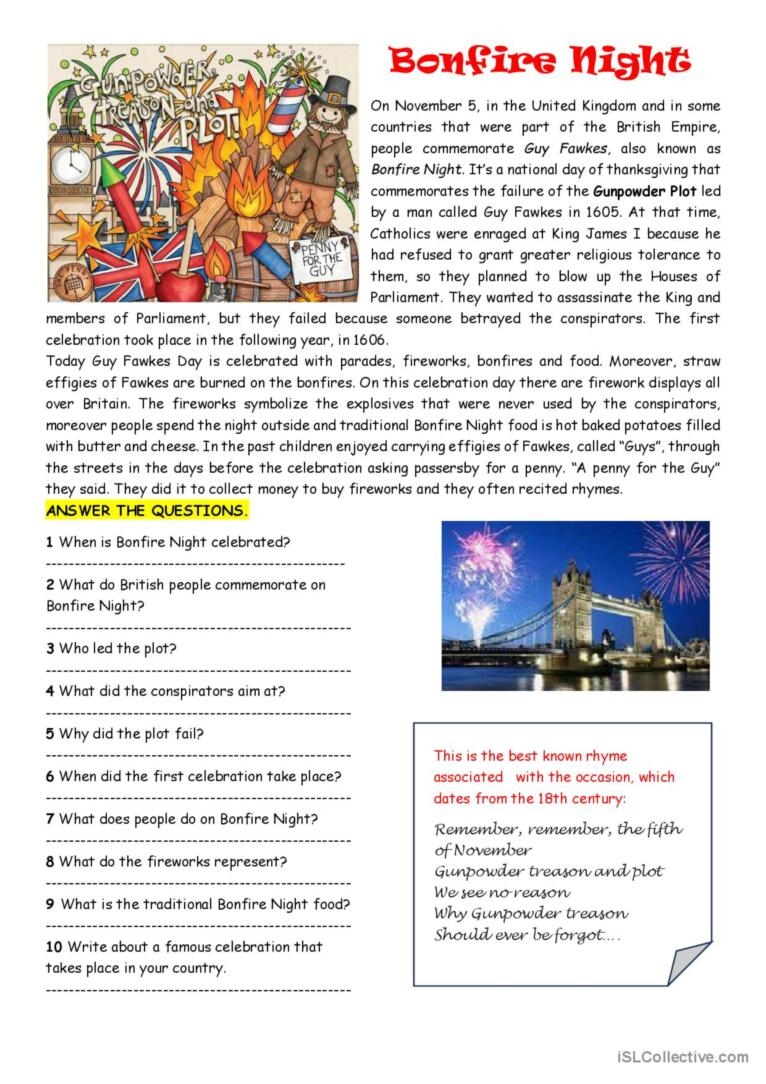 Easy Reading Bonfire Night Finding English ESL Worksheets Pdf Doc