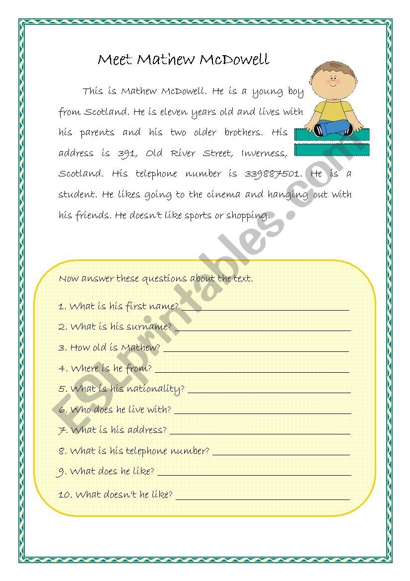 Easy Reading Comprehension Worksheets Esl Printable