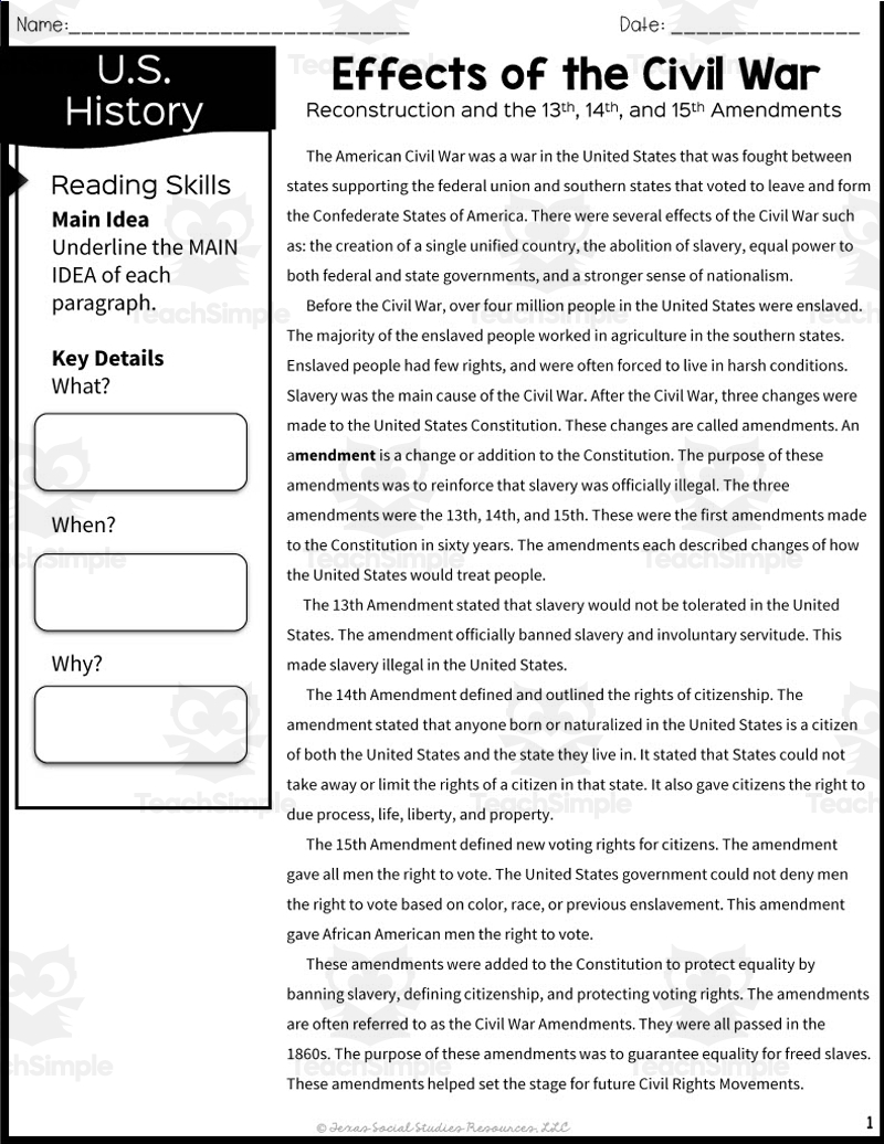 Effects Of The Civil War Reading Packet By Teach Simple