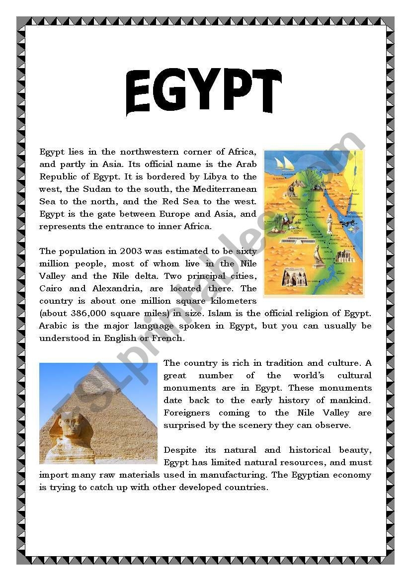 EGYPT READING COMPREHENSION ESL Worksheet By Sandrami60