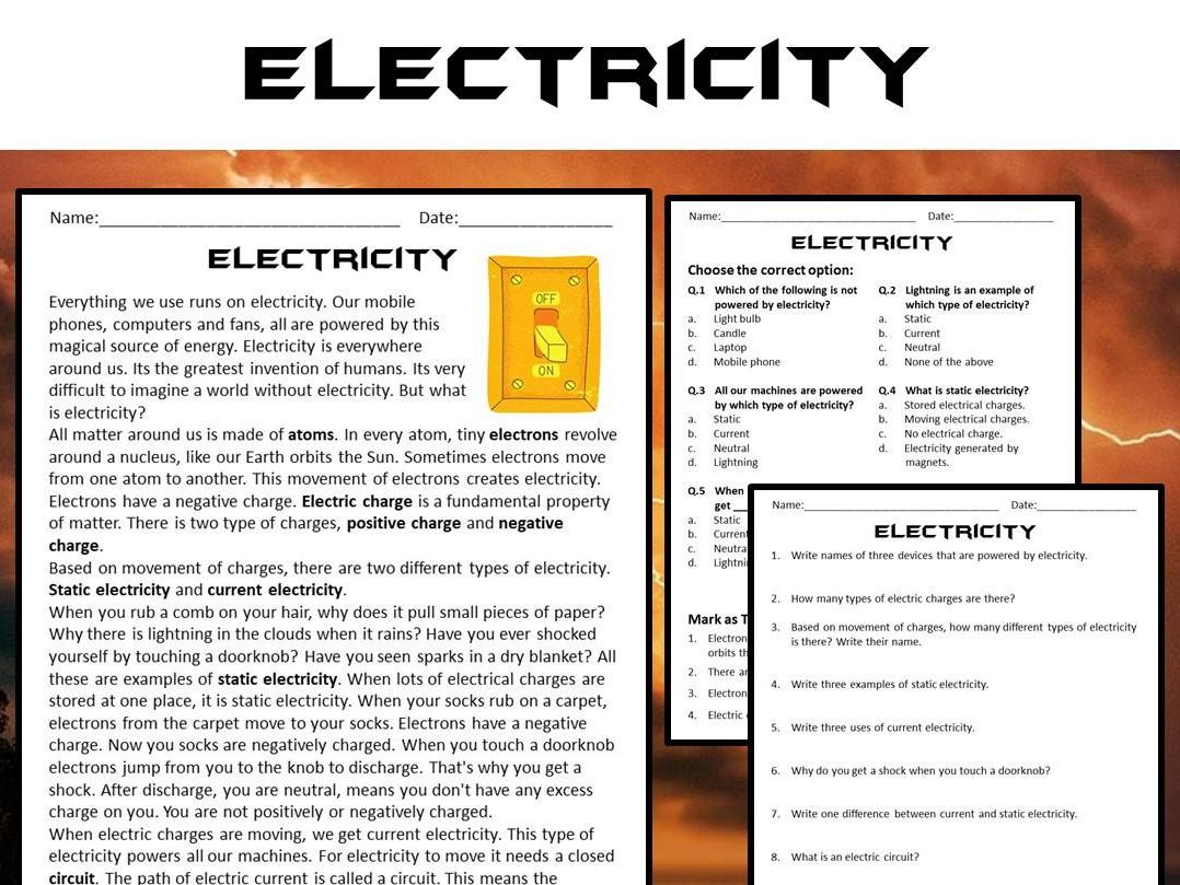 Electricity Reading Comprehension Passage And Questions PDF Teaching Resources