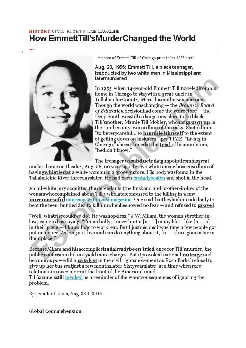Emmett Till s Murder Case ESL Worksheet By Sdele78