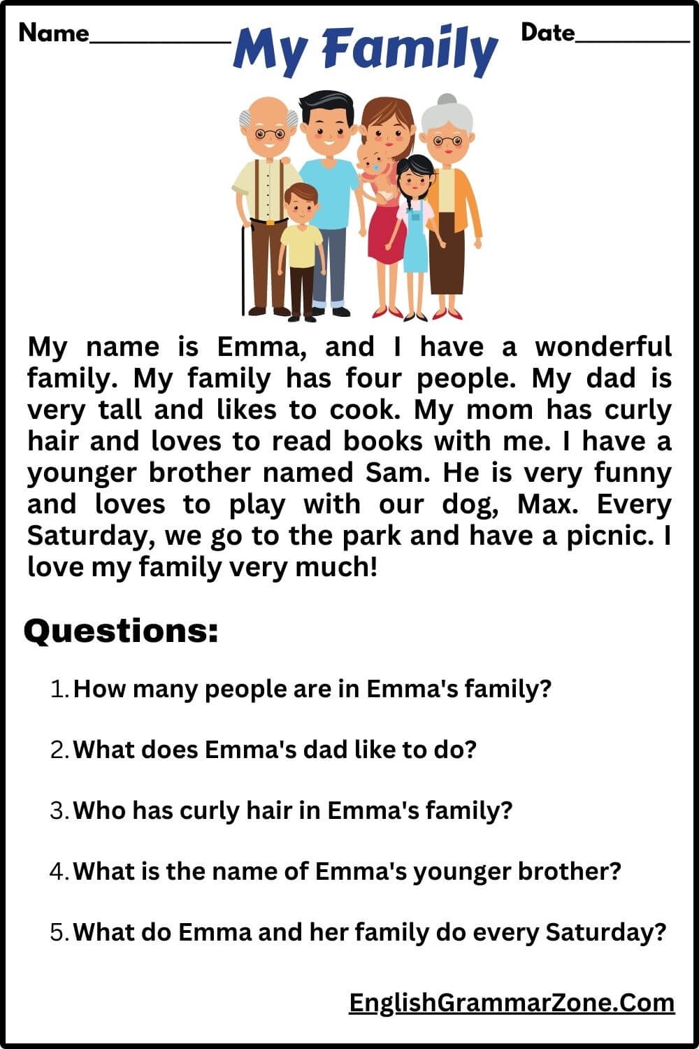 Engaging Reading Comprehension My Family With Answer