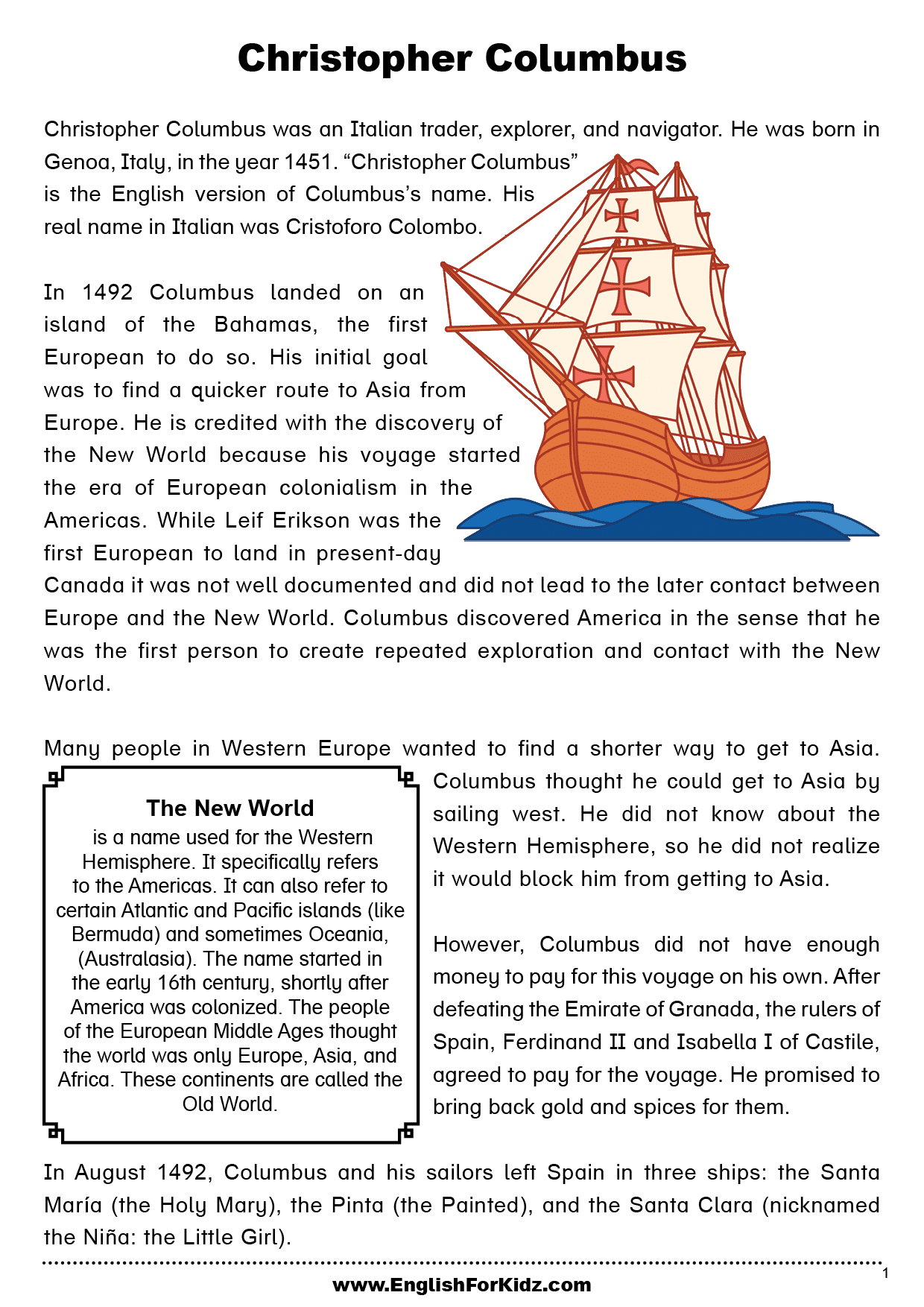 English For Kids Step By Step Columbus Day Worksheets And Reading Worksheets Library