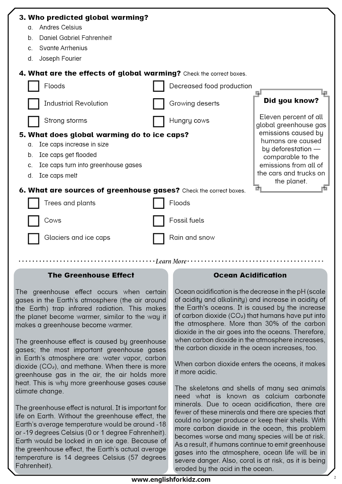 Greenhouse Effect Reading Comprehension Worksheets