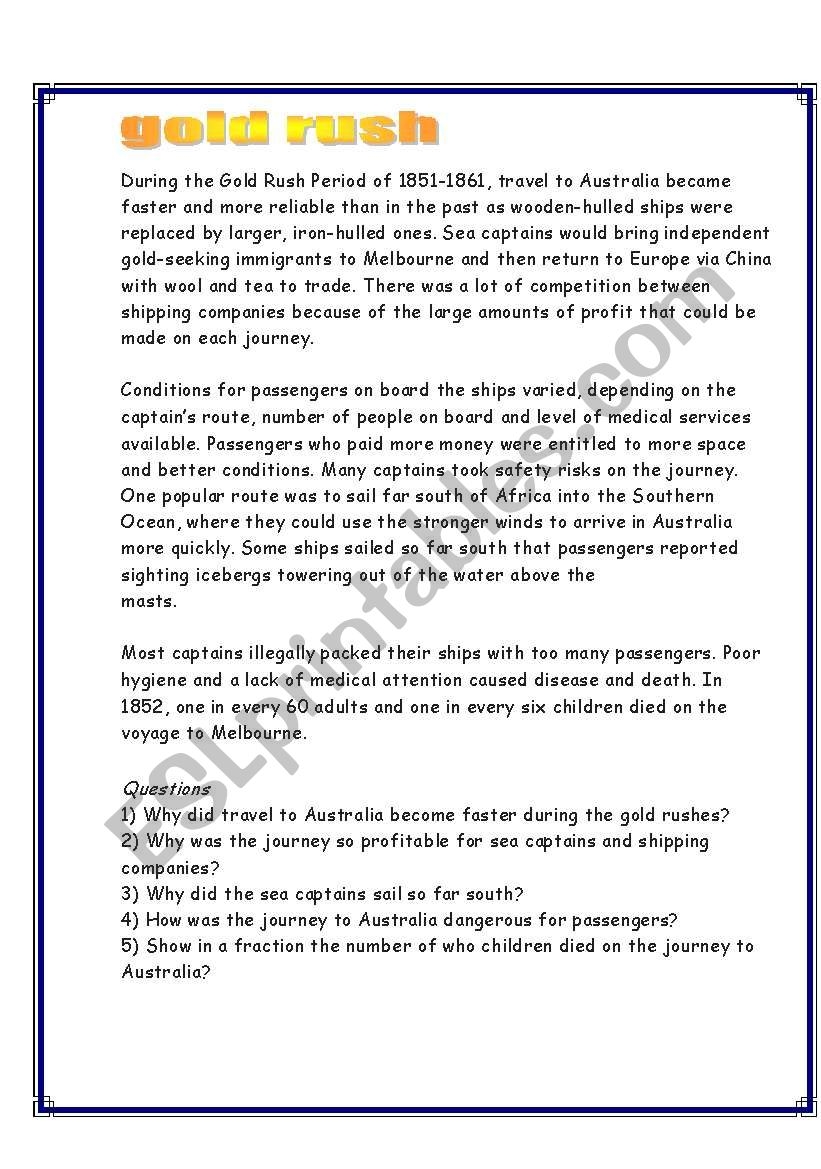 Australian Gold Rush Reading Comprehension Worksheet