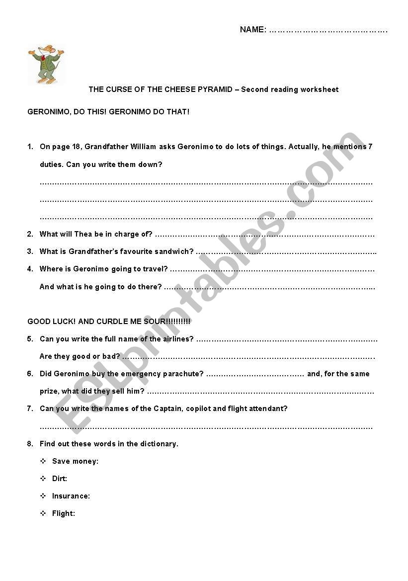English Worksheets Second Reading Worksheet On The Book THE CURSE OF THE CHEESE PYRAMID GERONIMO STILTON