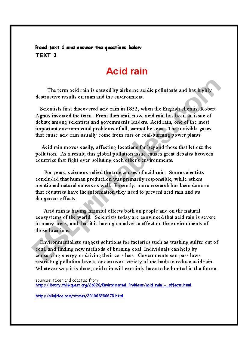 Environmental Problems Acid Rain Reading Comprehension Theme The World Around Us ESL Worksheet By Shmiskeen