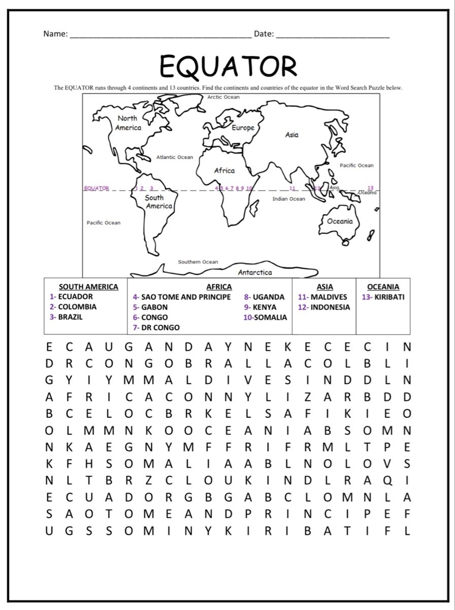 Free Printable Equator Worksheets