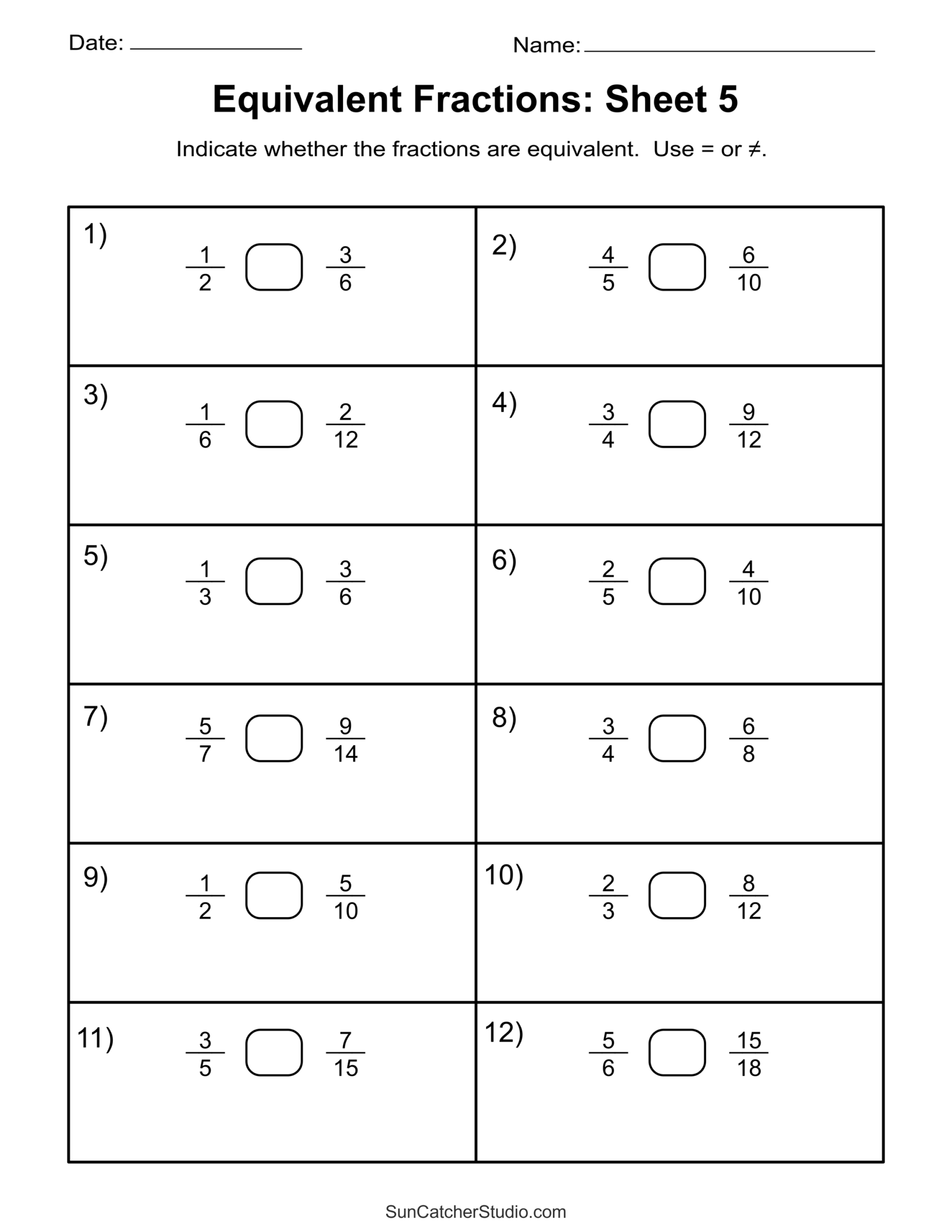 Free Printable Equivalent Fraction Worksheets