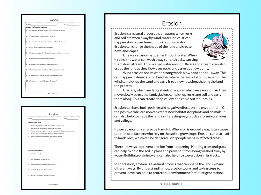 Erosion Reading Comprehension Passage Printable Worksheet Teaching Resources