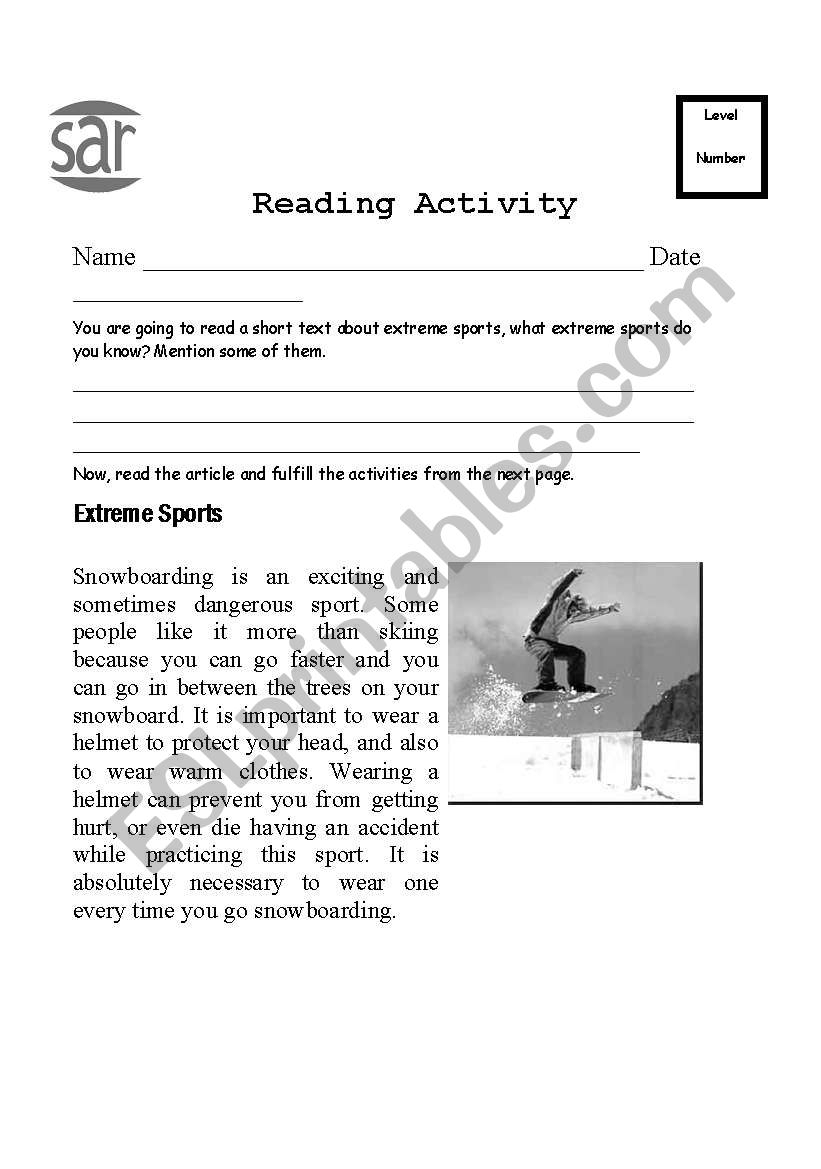 Extreme Sports Reading Comprehension Worksheets