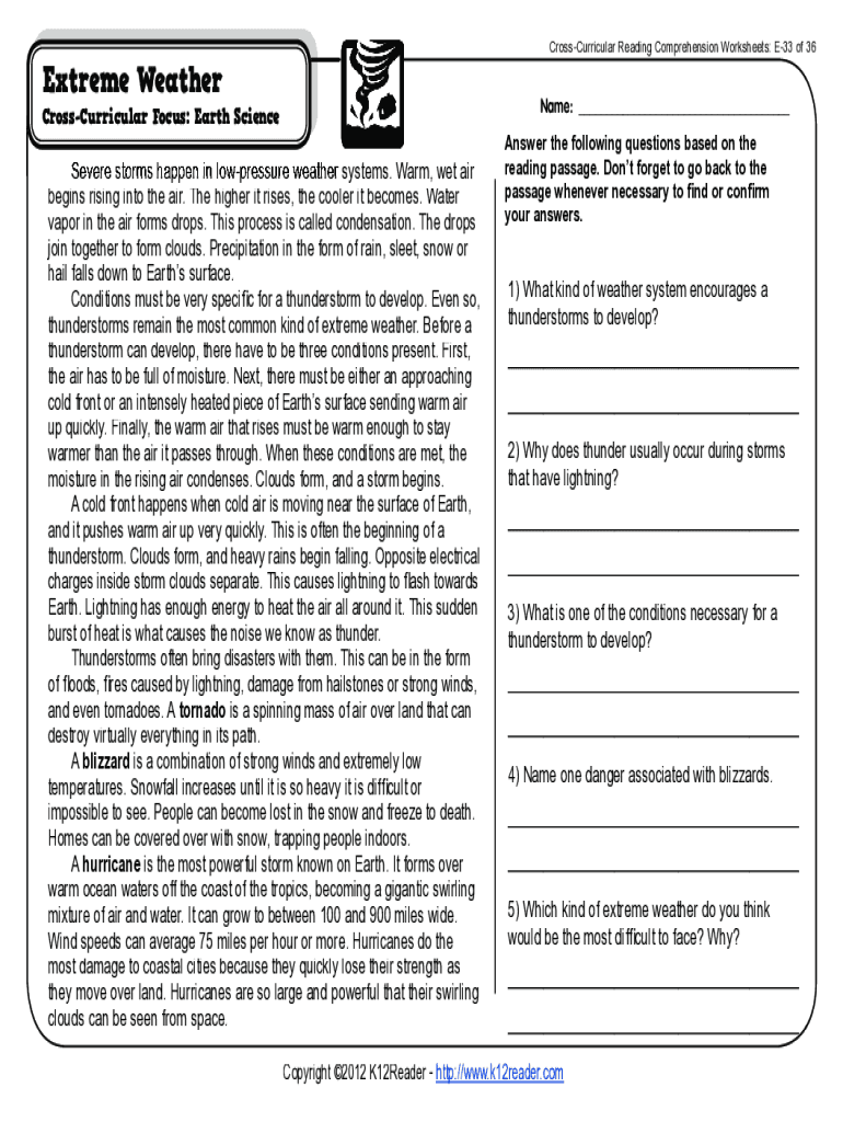 Extreme Weather Reading Comprehension Pdf Fill Online Printable Fillable Blank PdfFiller