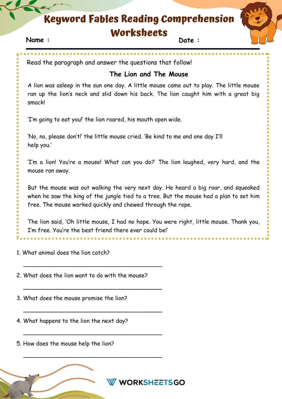 Fables Reading Comprehension Worksheets WorksheetsGO