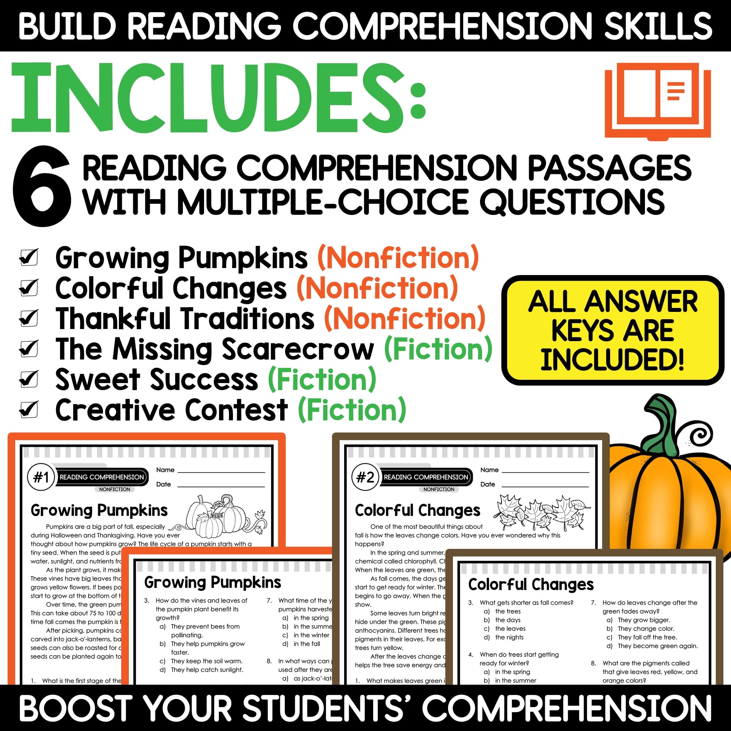 Fall Activities Reading Comprehension Passages And Questions 3rd 4th Grade A Love Of Teaching Kim Miller