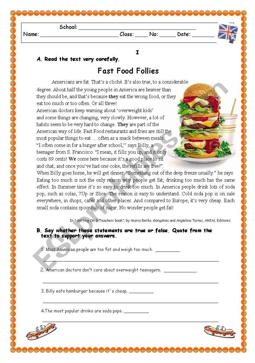 FAST FOOD FOLLIES ESL Worksheet By Rosario Pacheco