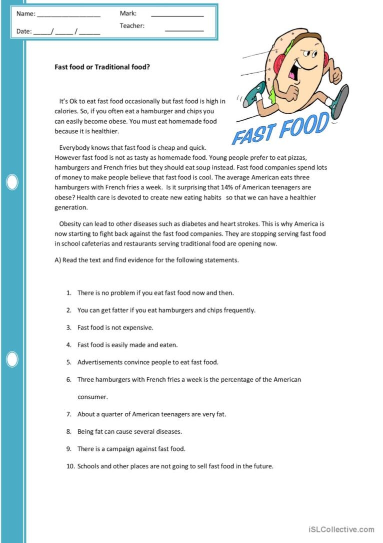 Fast Food Reading Comprehension Worksheets