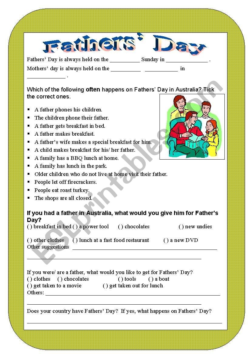 Fathers Day Reading Comprehension Worksheets