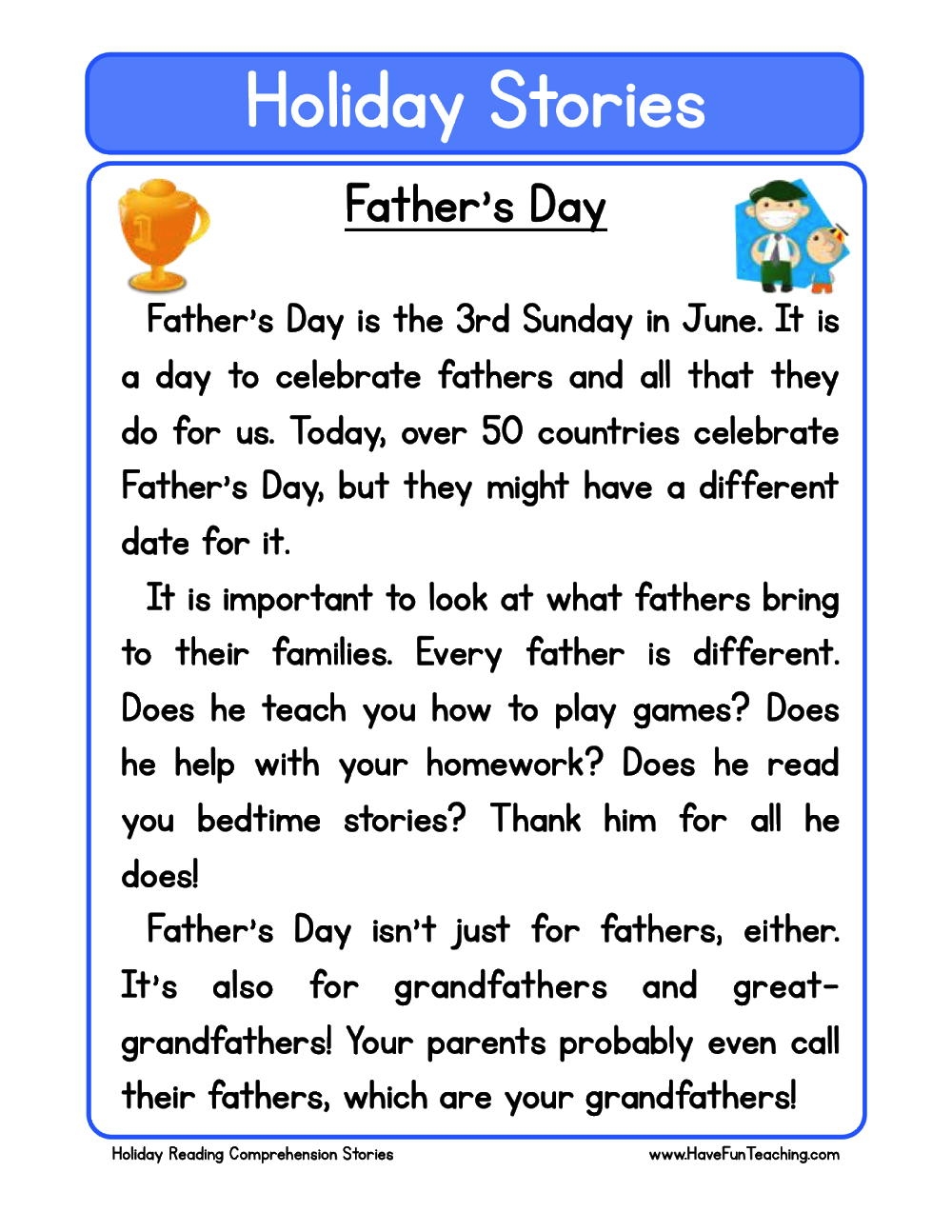 Fathers Day Reading Comprehension Worksheet Have Fun Teaching
