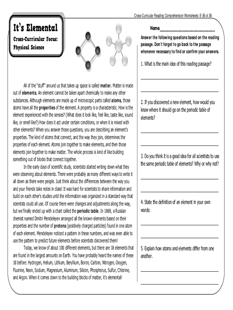Cross Curricular Reading Comprehension Worksheet