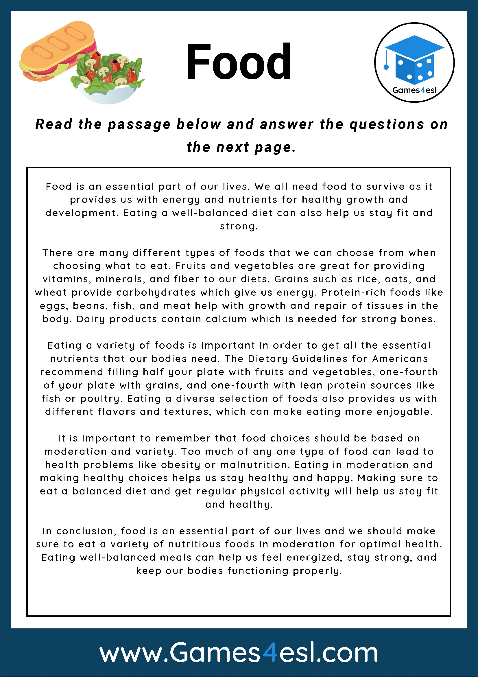 Food Reading Comprehension Worksheet Games4esl
