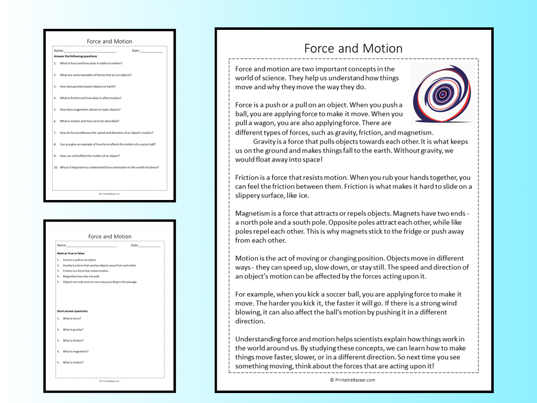 Forces Reading Comprehension Worksheet