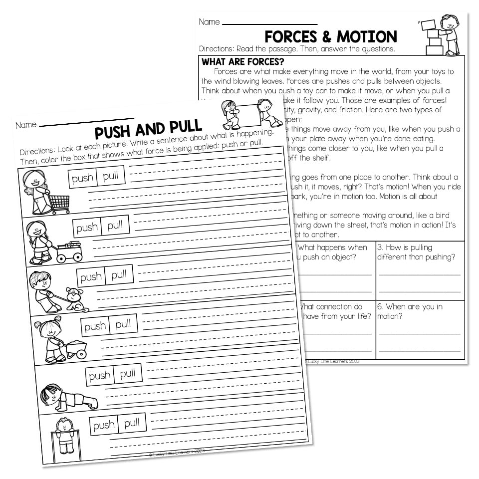 Forces And Motion Push And Pull Passage Questions And Worksheet Lucky Little Learners