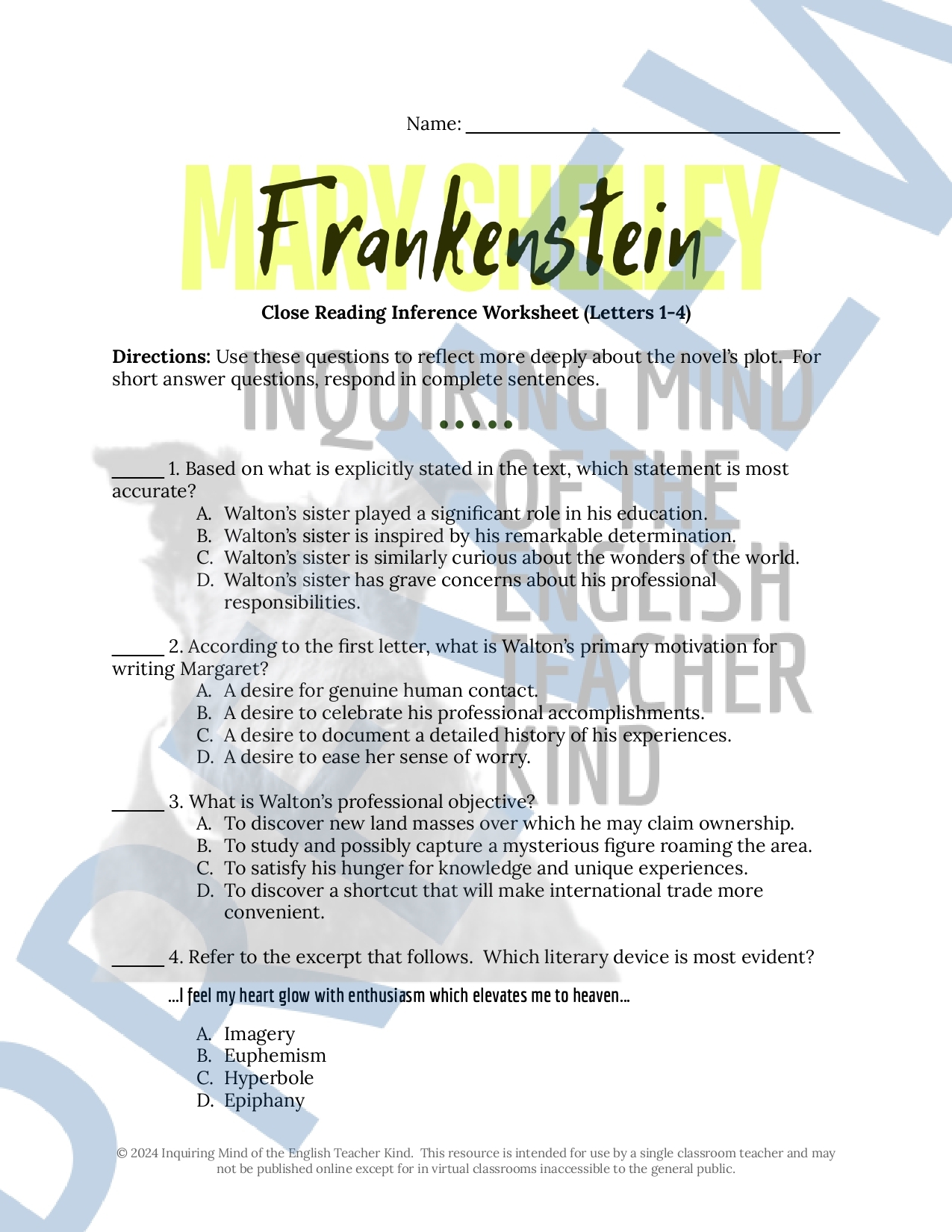Frankenstein Reading Comprehension Worksheet