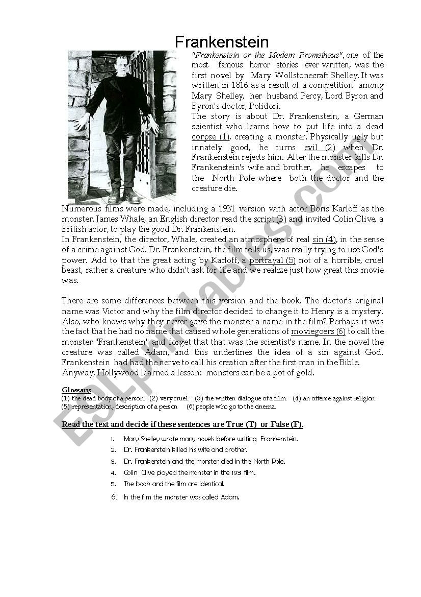Frankenstein Reading Comprehension Exercise ESL Worksheet By Hanknelson