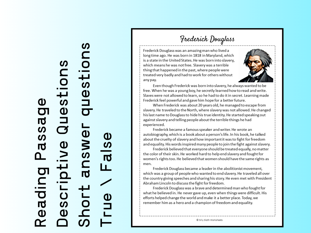 Frederick Douglass Biography Reading Comprehension Passage Printable Worksheet PDF Teaching Resources