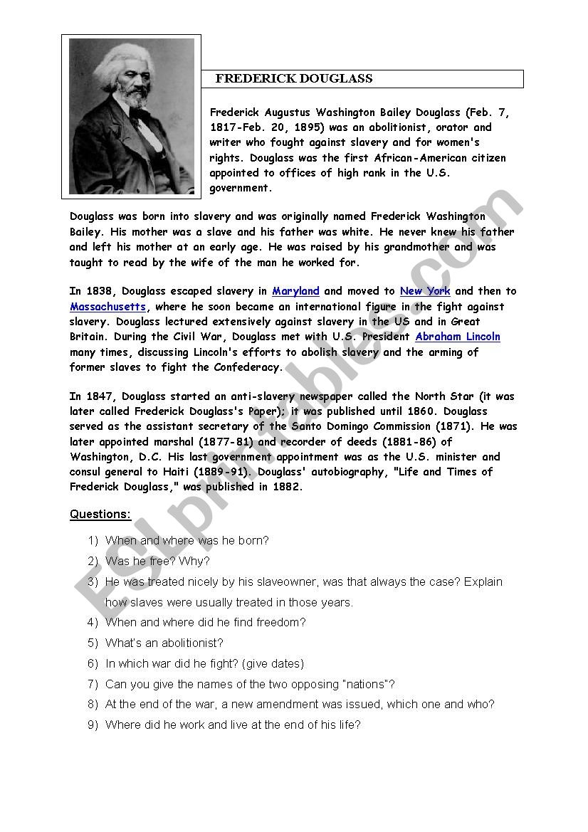 Frederick Douglass ESL Worksheet By Obindidon