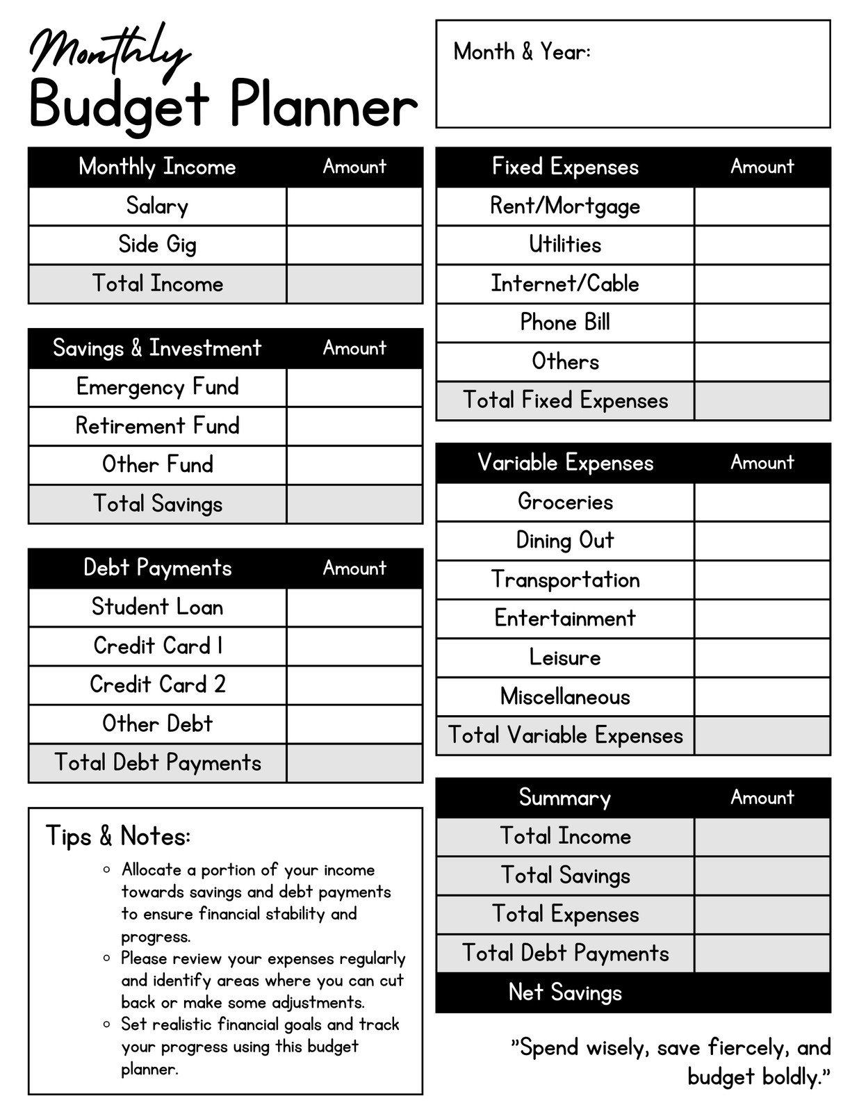 Home Finance Worksheet Free Printable Word