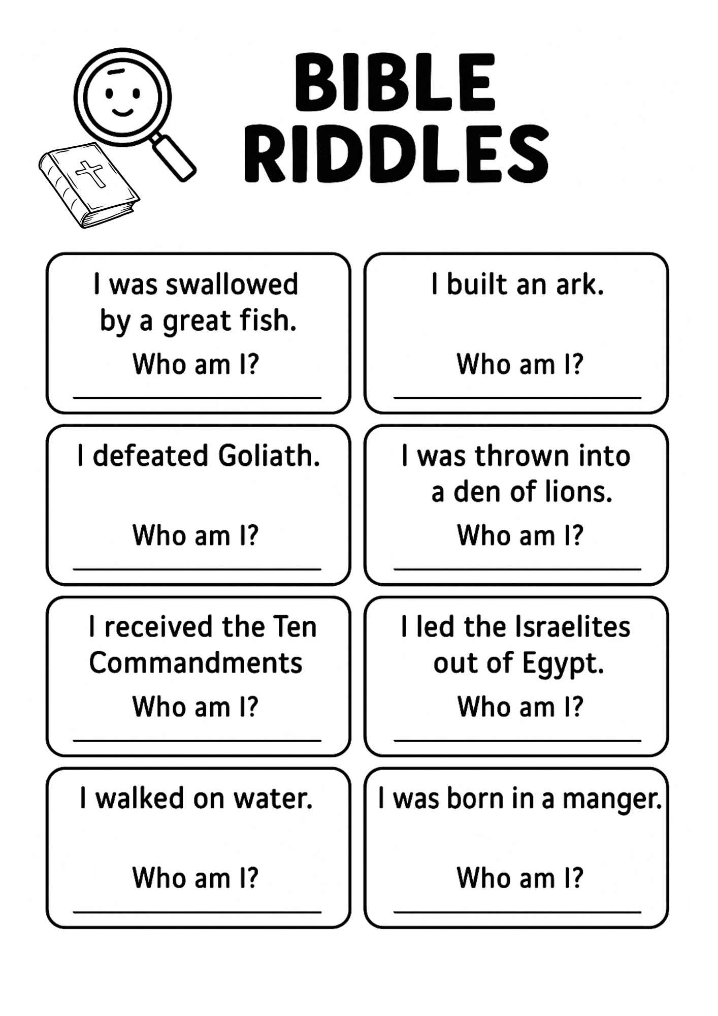 Free Bible Character Riddles Printable Fun Who Am I Worksheet For Kids Free Bible Worksheets