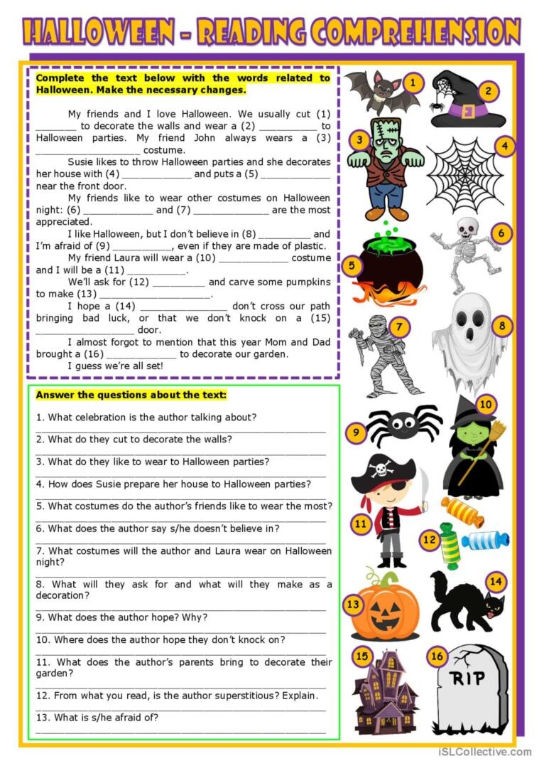 Halloween Reading Comprehension Worksheets High School