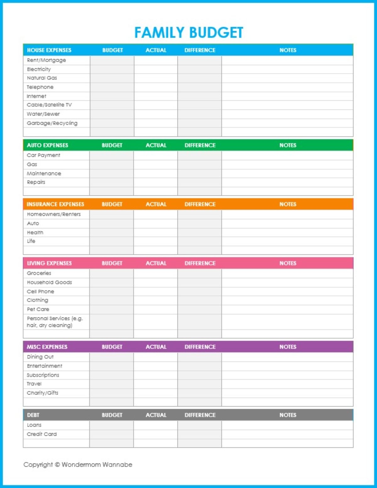 Free Household Budget Worksheet Printable