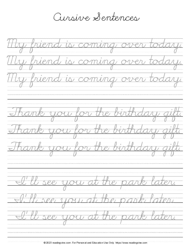 Free Printable Cursive Writing Sentences Worksheets