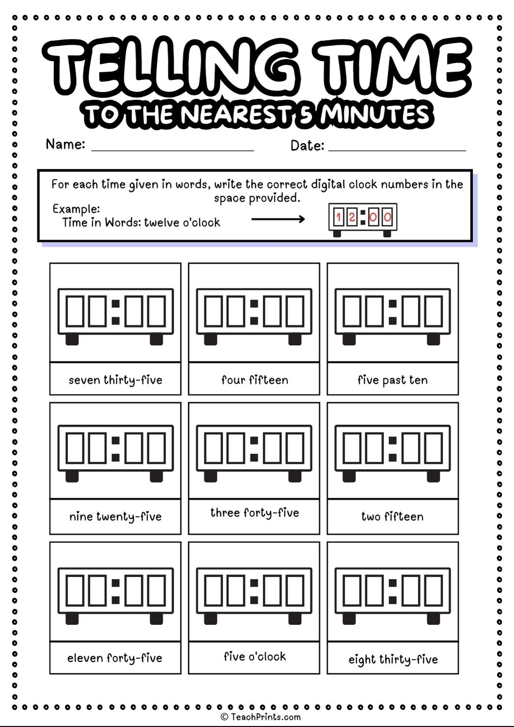 Free Printable Digital Time Worksheets