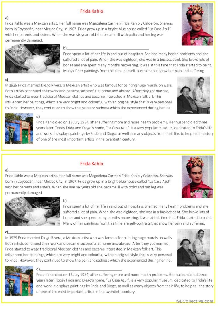 Frida Kahlo s Biography PART 1 R English ESL Worksheets Pdf Doc