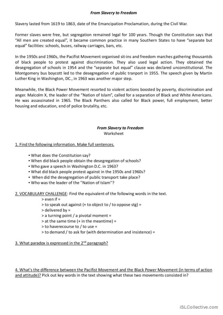 From Slavery To Freedom Reading For English ESL Worksheets Pdf Doc