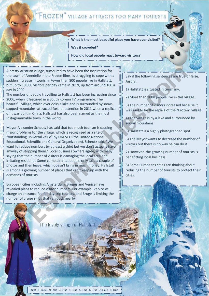 Frozen Village Attracts Too Many Tourists Reading Comprehension Discussion Keys ESL Worksheet By Cariboo