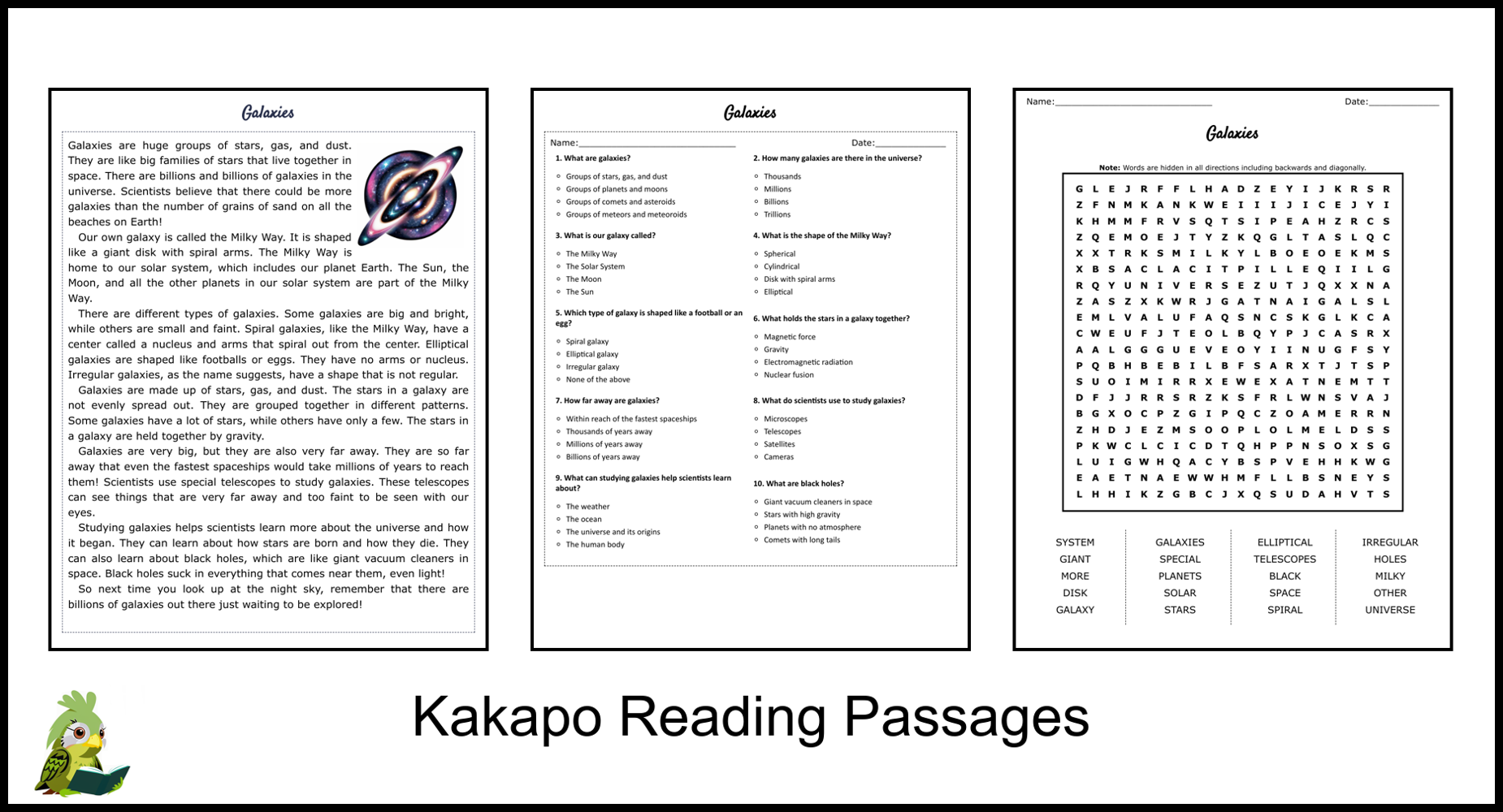 Galaxies Reading Comprehension With Worksheet