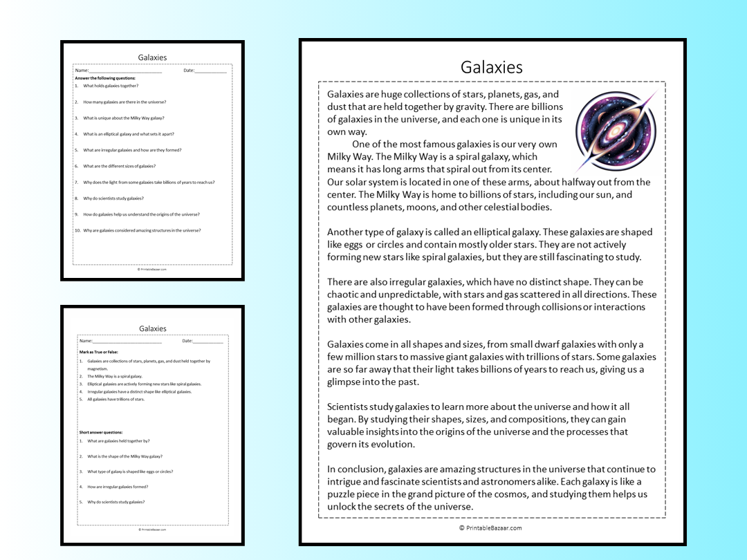 Galaxies Reading Comprehension Passage Printable Worksheet Teaching Resources
