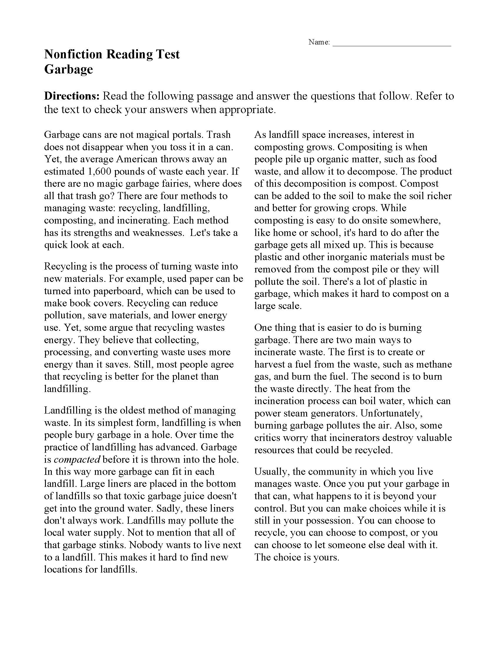 Garbage Nonfiction Reading Activity