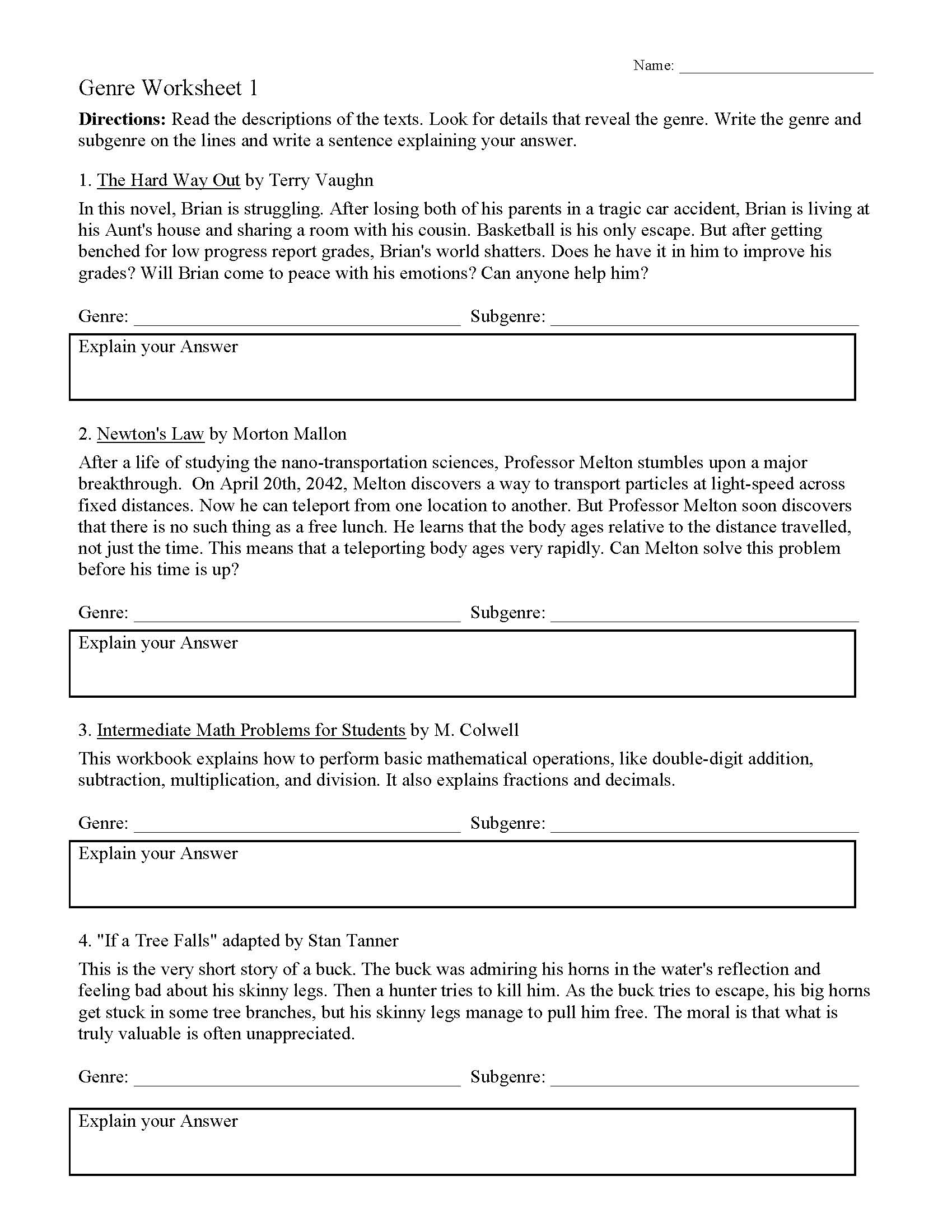 Genre Worksheet 1 Reading Activity