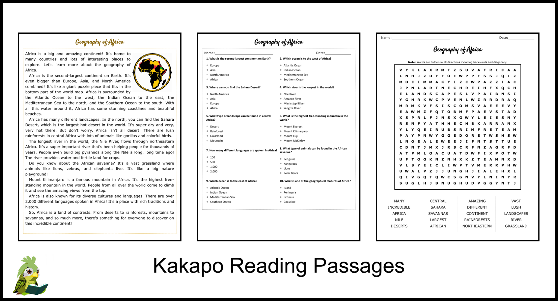 Geography Of Africa Reading Comprehension And Word Search Teaching Resources