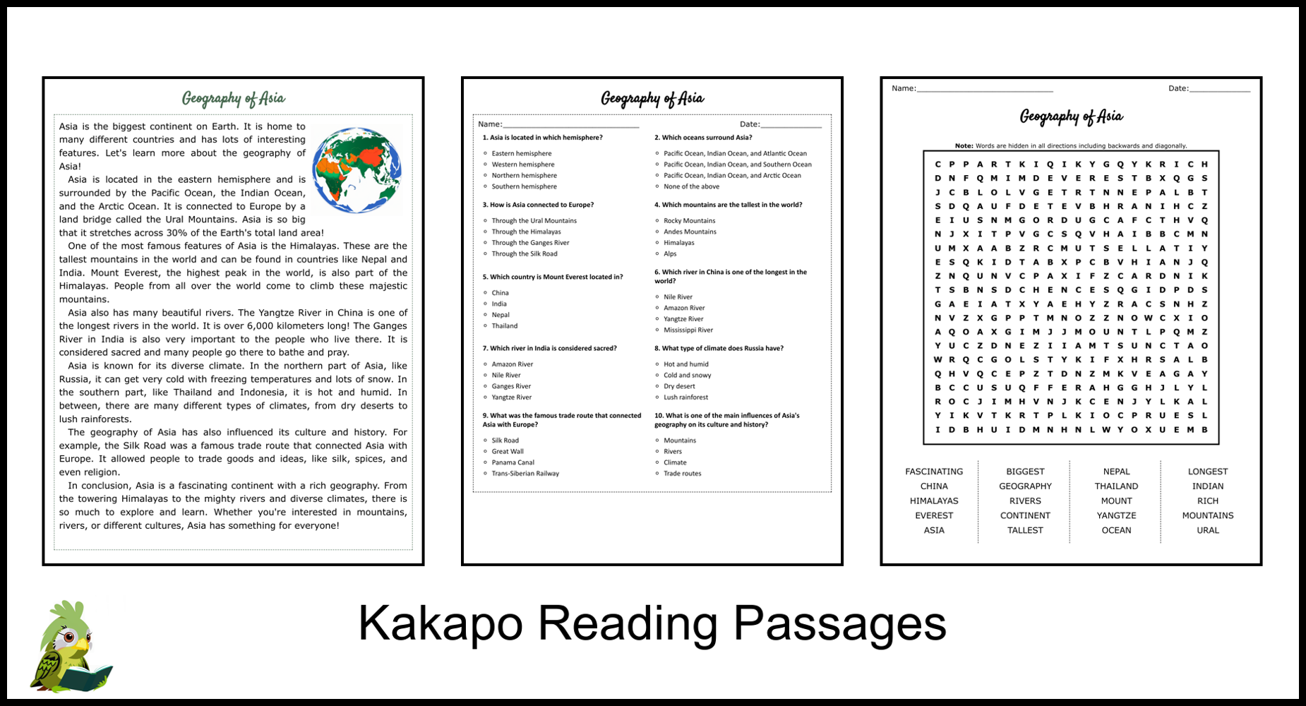 Asia Reading Comprehension Worksheets