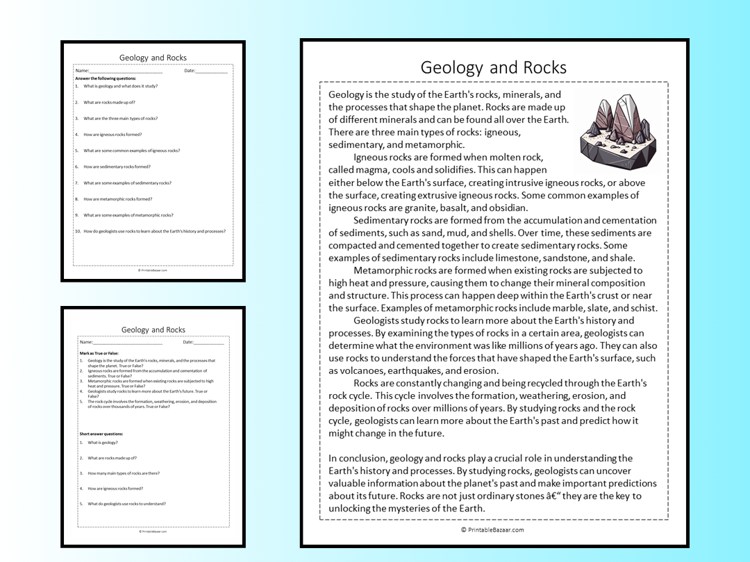 Geology And Rocks Reading Comprehension Passage Printable Worksheet Teaching Resources