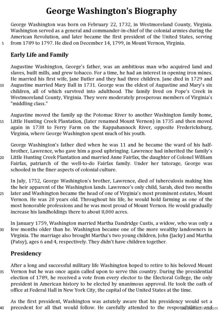 George Washington Presidency Reading Comprehension Worksheets