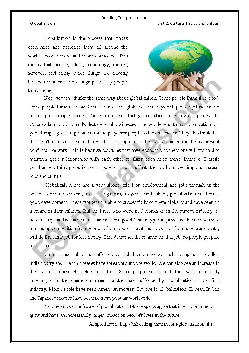 Globalization Reading Comprehension Worksheets